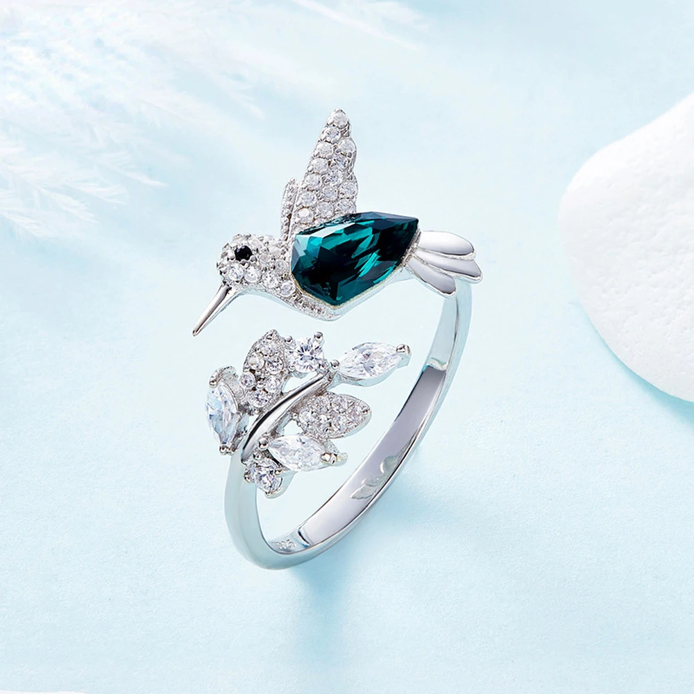 Sterling Silver Adjustable Ring with Bird Design and Blue Zirconia