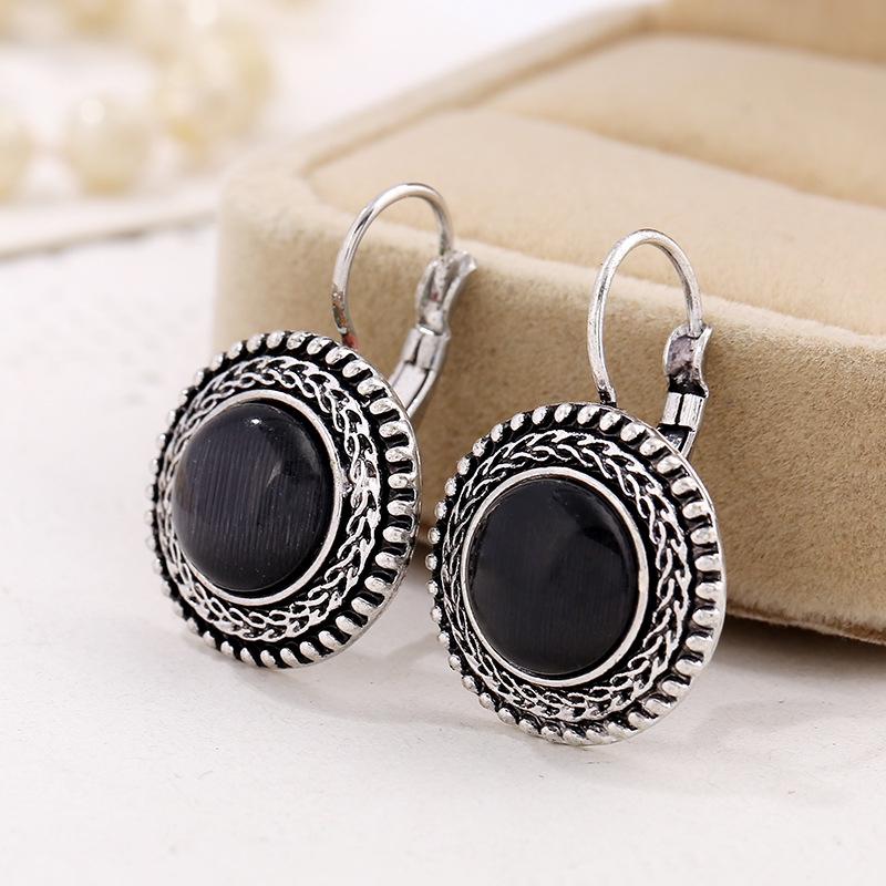 Boho Silver Round Stone Earrings