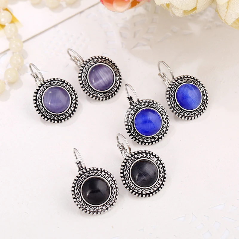 Boho Silver Round Stone Earrings