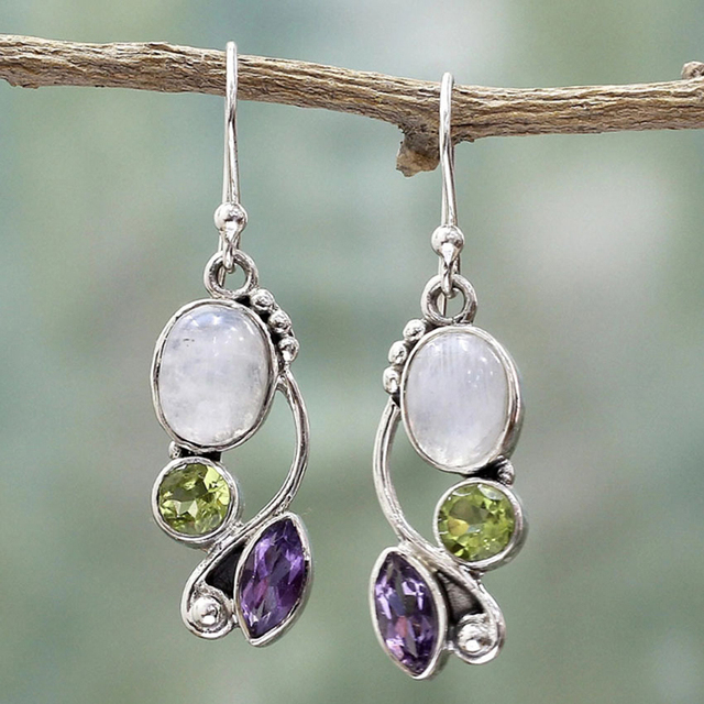Vintage Silver Earrings with Crystal and Purple Green Moonstone