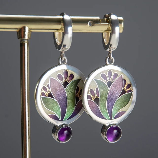 Boho Silver Earrings with Amethyst Crystals