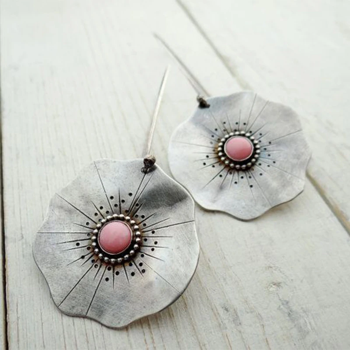 Red Crystal Silver Petal Earrings