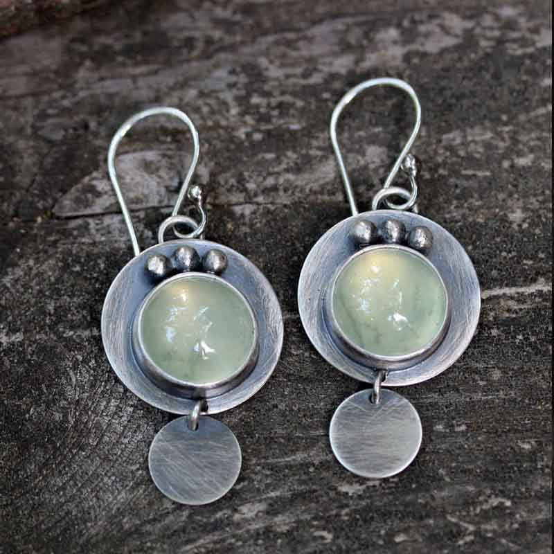 Silver Vintage Earrings with Green Moonstone
