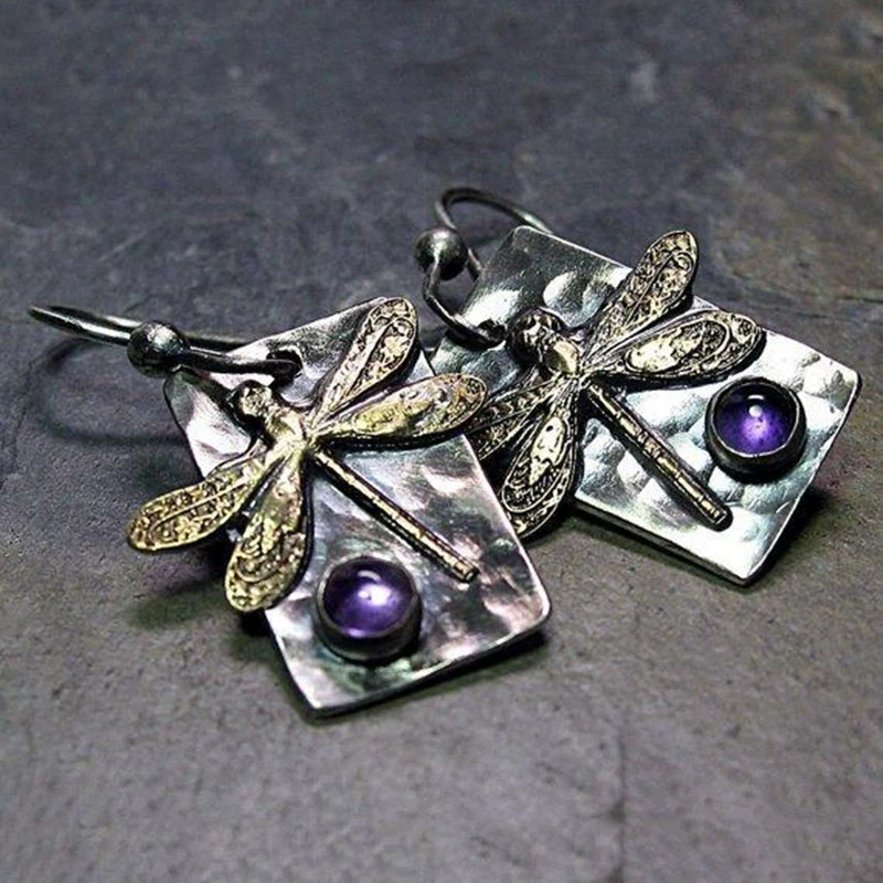 Vintage Dragonfly Earrings with Purple Crystals