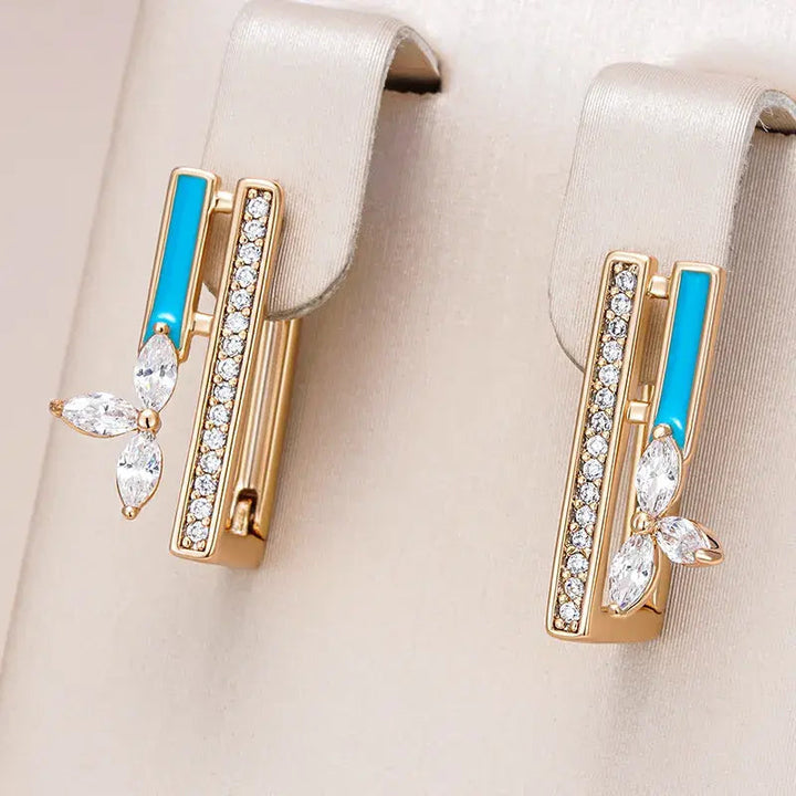 Chic Blue Enamel Earrings with Gold Zirconia