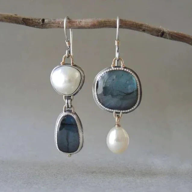 Vintage Silver Earrings with Natural Stones and Pearls