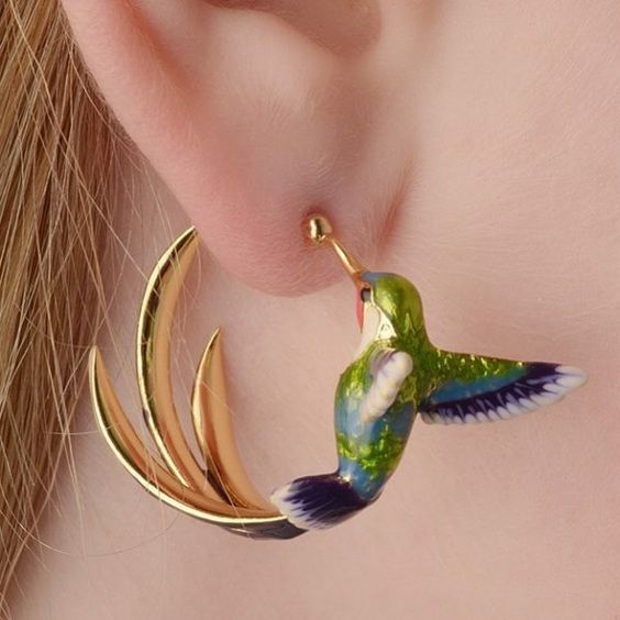 Enamel Hummingbird Vintage Hoop Earrings