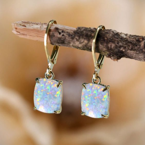 Vintage Square White Opal Earrings