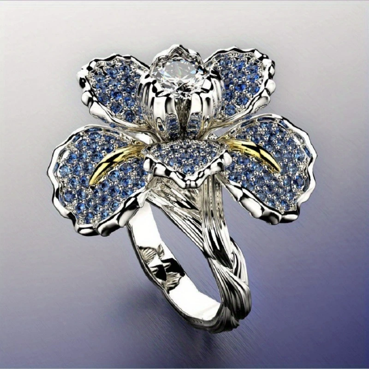 Blue Flower Crystal Silver Ring