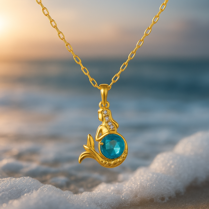 Blue Crystal Mermaid Necklace in Gold