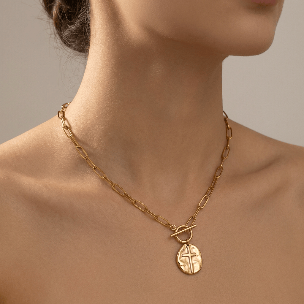 Cross Coin Necklace in Paperclip Style