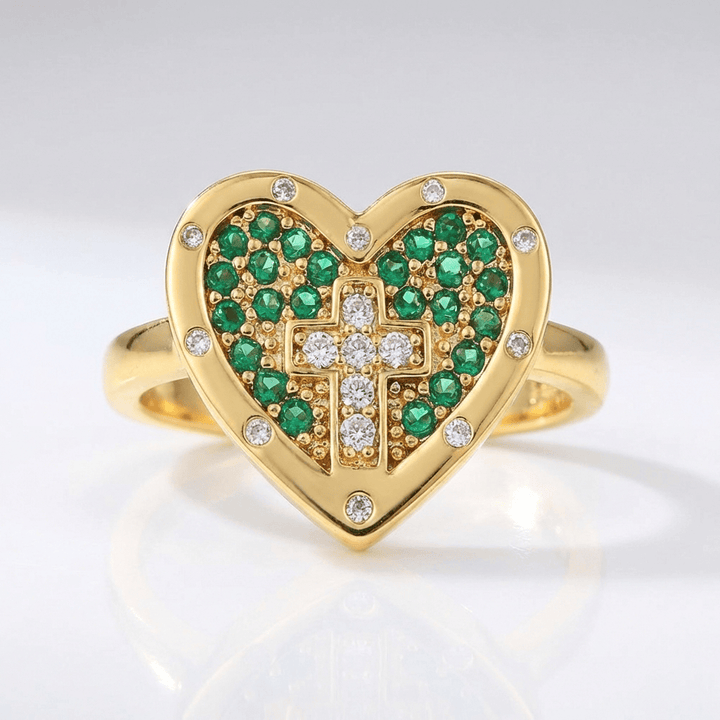 Adjustable Silver Heart and Colorful Cross Ring
