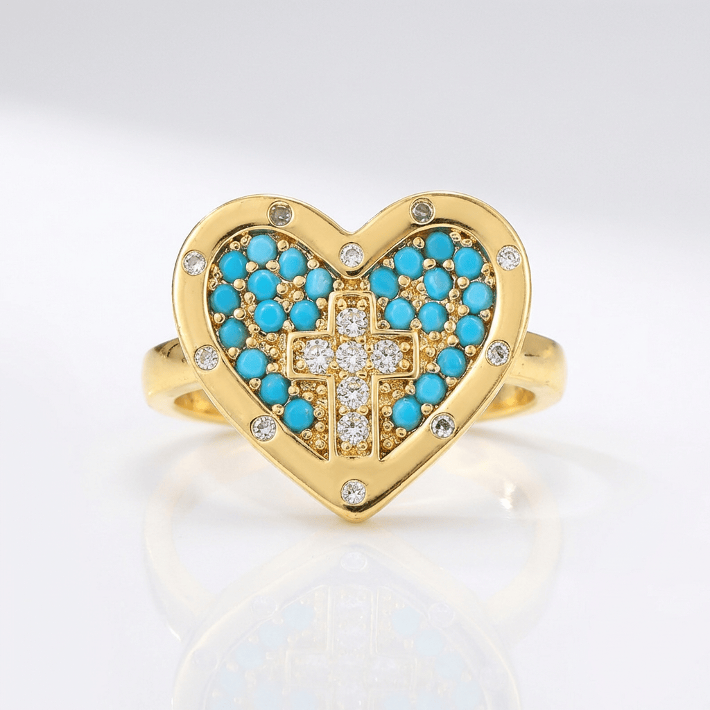 Adjustable Silver Heart and Colorful Cross Ring