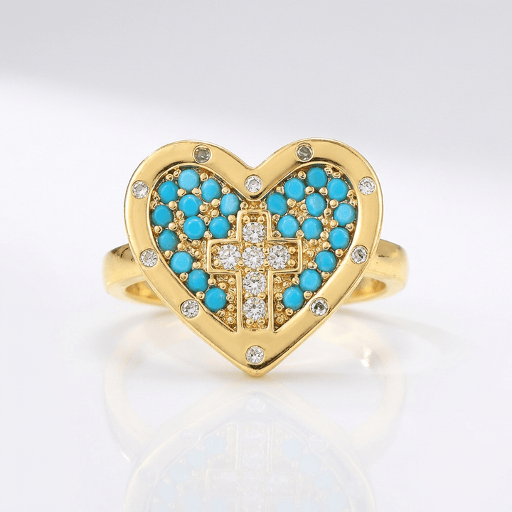Adjustable Silver Heart and Colorful Cross Ring