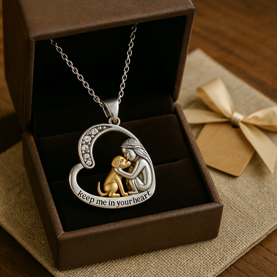 Silver Heart Necklace with Dog Charm and Zirconia Accents