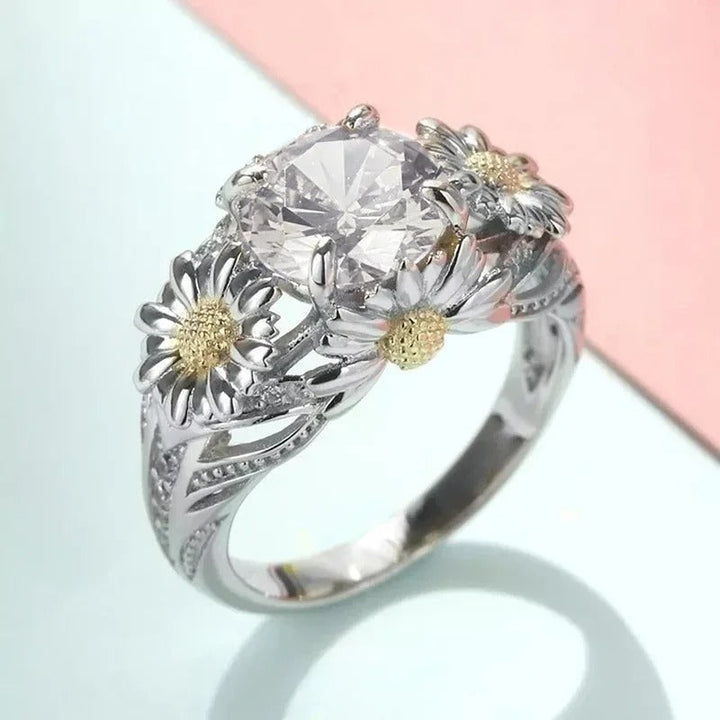 Vintage Silver Ring with Yellow Sunflower