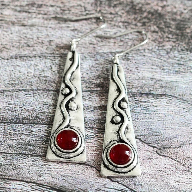 Handcrafted Silver Earrings with Geometric Red Stones