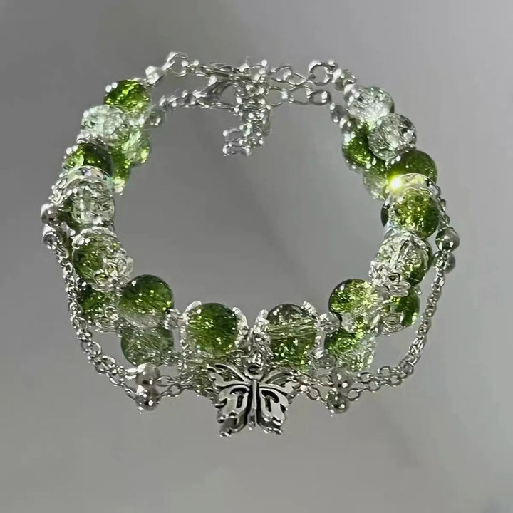 Vintage Silver Butterfly Bracelet with Green Beads