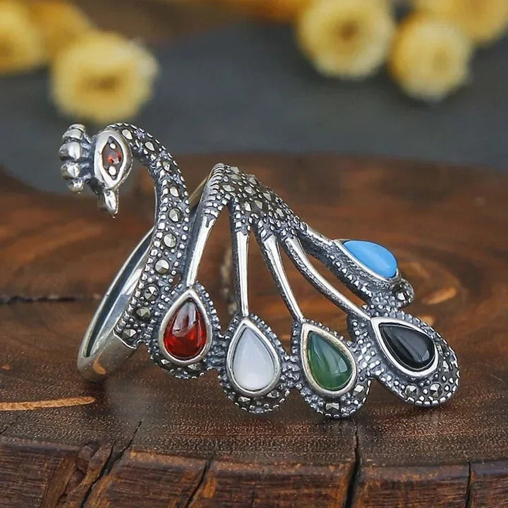Adjustable Ethnic Silver Ring with Colorful Gemstones and Peacock Design