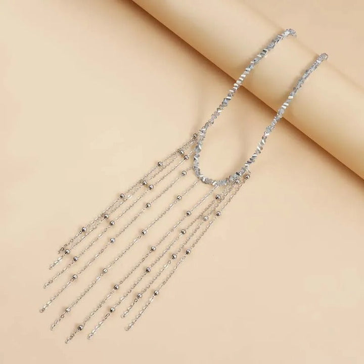 Silver Fringe Necklace with Teardrop Beads