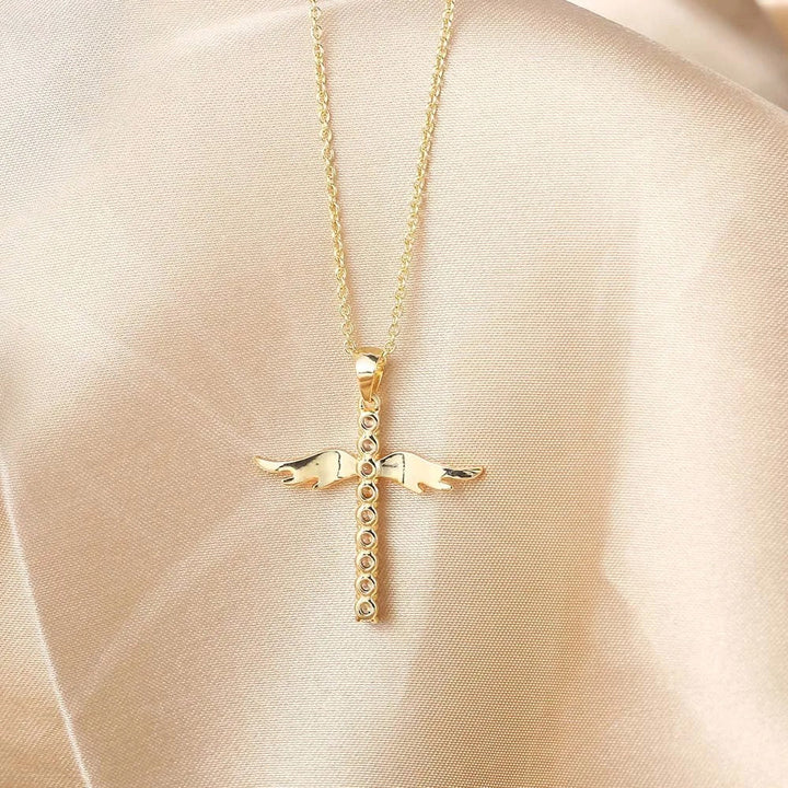 Cross Pendant Necklace with Golden Angel Wings