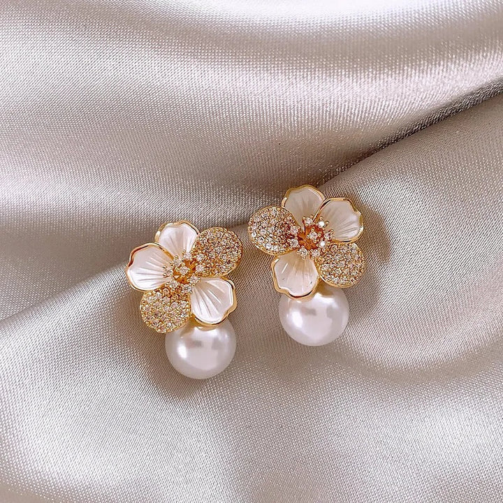 White Camellia Pendant Earrings with Pearl