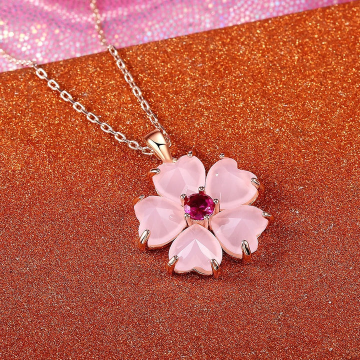 Gold and Pink Flower Pendant Necklace