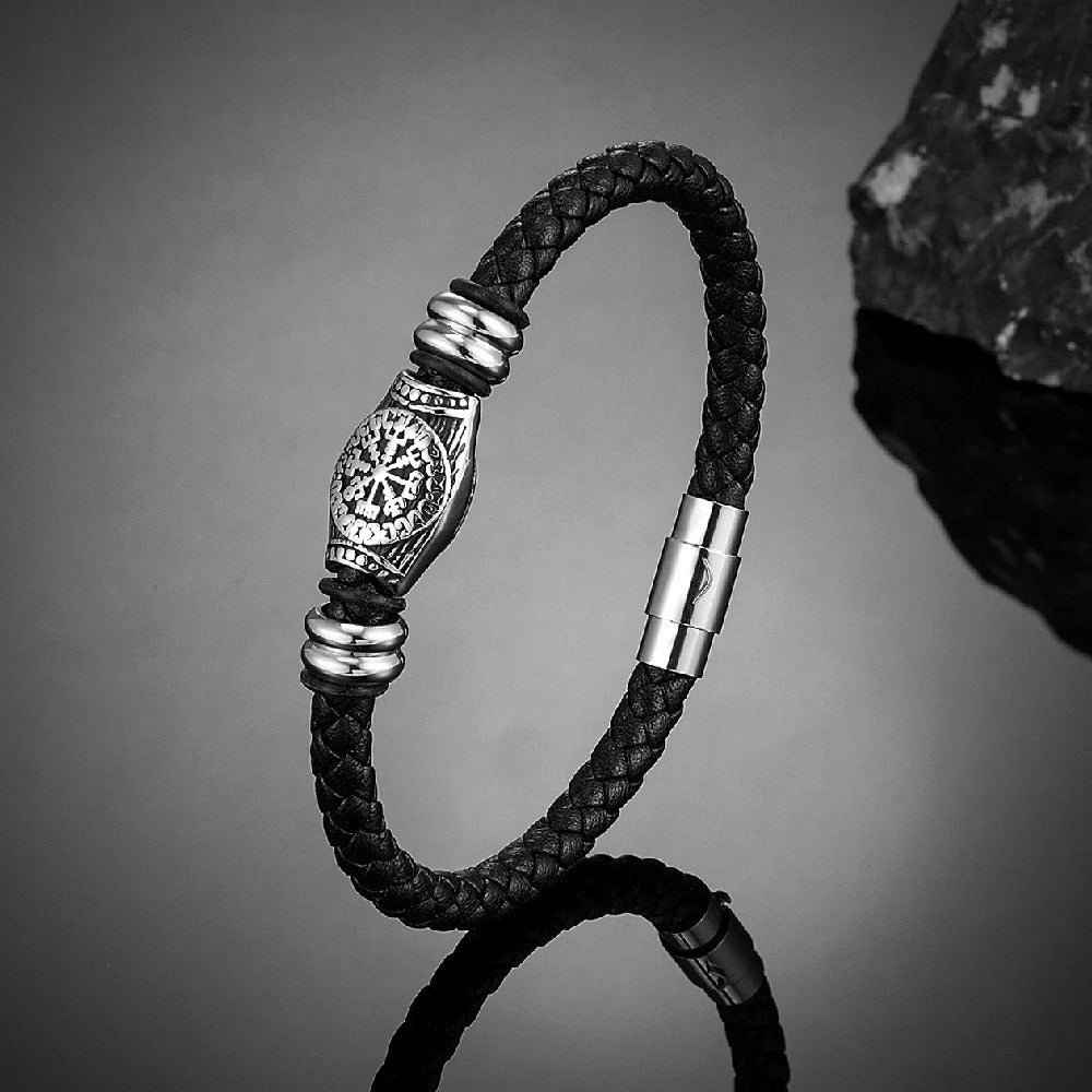 Black Viking Compass Braided Leather Bracelet" can be rewritten as: 

"Viking Compass Braided Leather Bracelet in Black