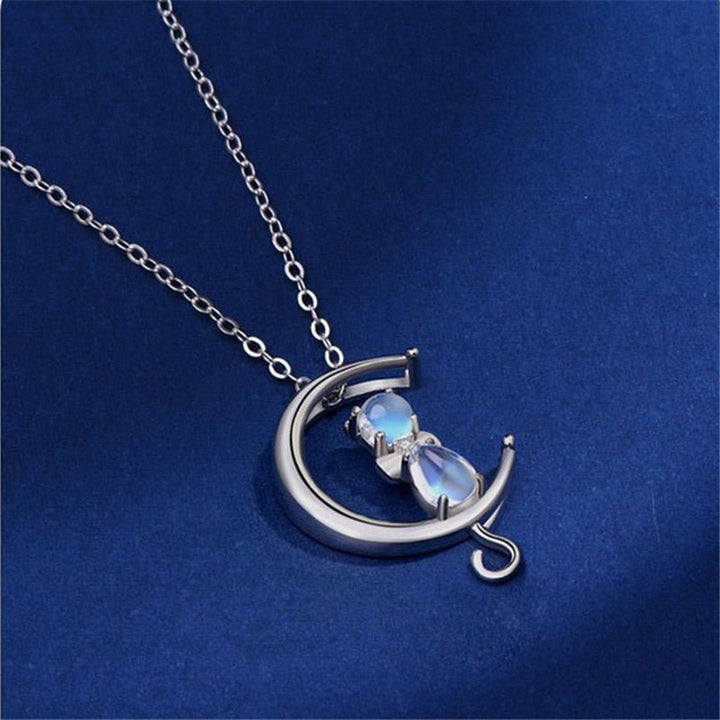 Crescent Moon Cat Necklace with Moonstone