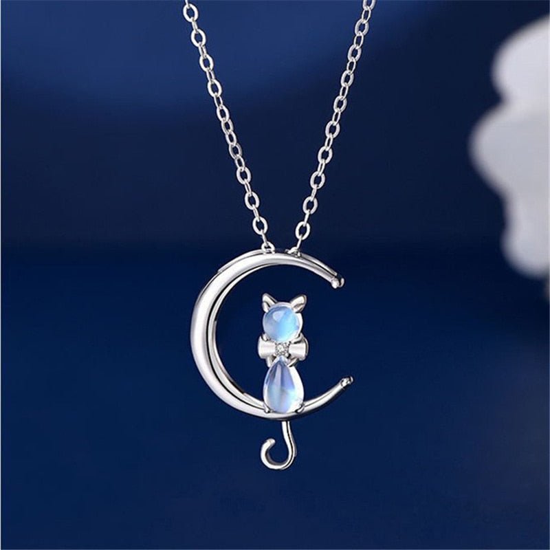 Crescent Moon and Cat Pendant Necklace in Moonstone