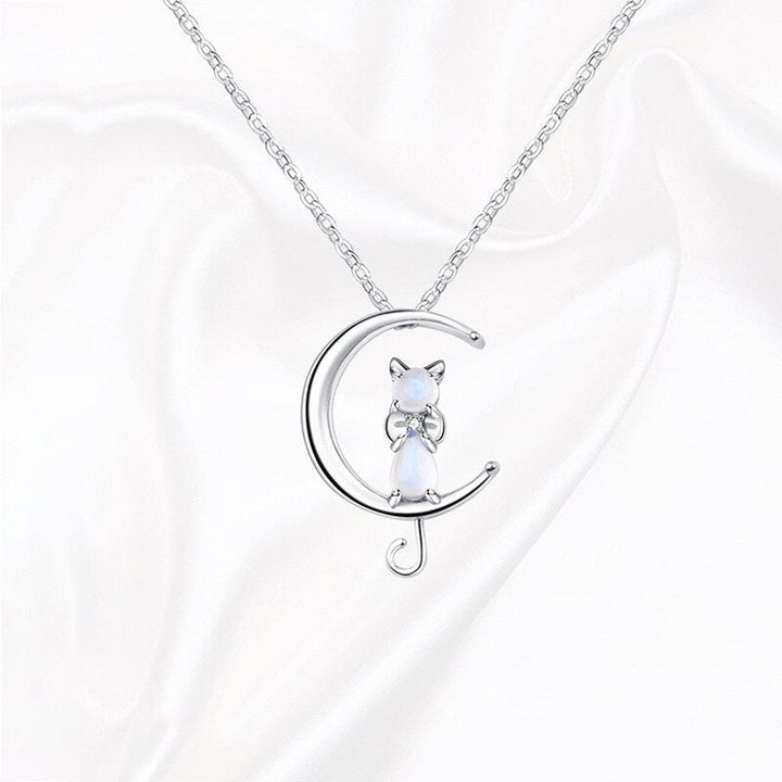 Crescent Moon and Cat Pendant Necklace in Moonstone