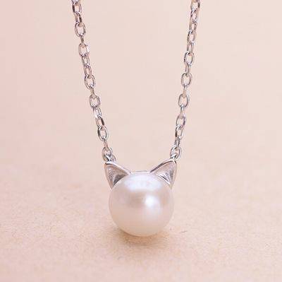 Cat-Shaped Pearl Sterling Silver Necklace