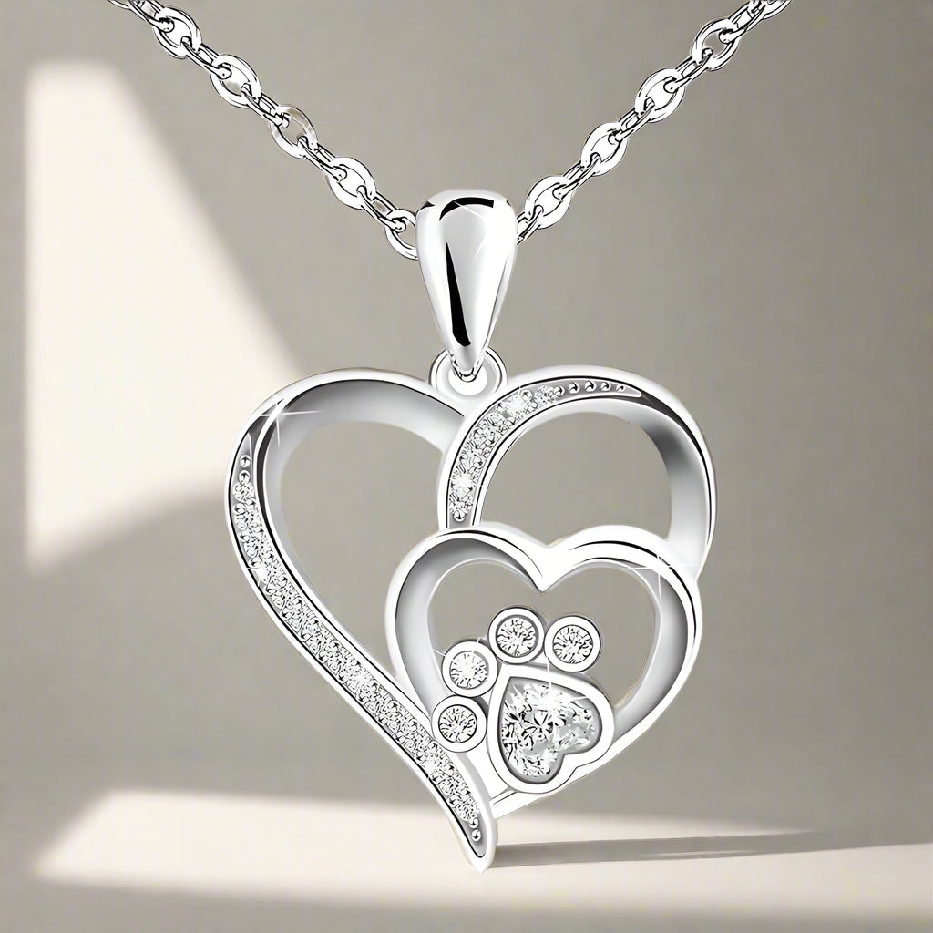 Cubic Zirconia Paw and Heart Sterling Silver Necklace