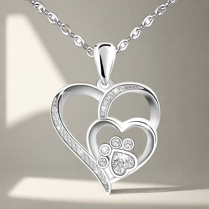 Cubic Zirconia Paw and Heart Sterling Silver Necklace