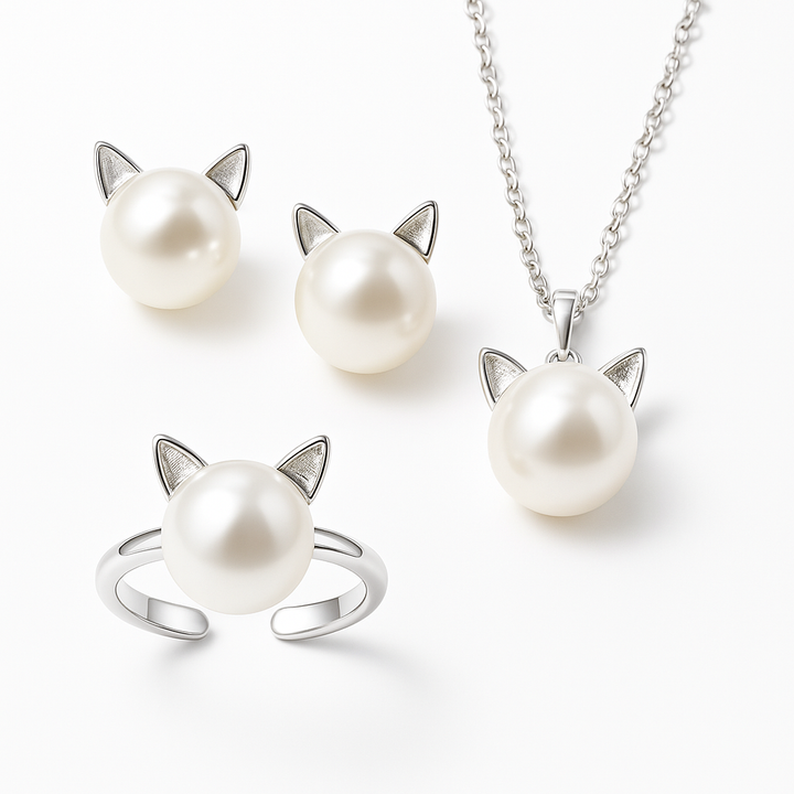 Cat Collar with Pearl, Earrings, and Bonus Gift Ring