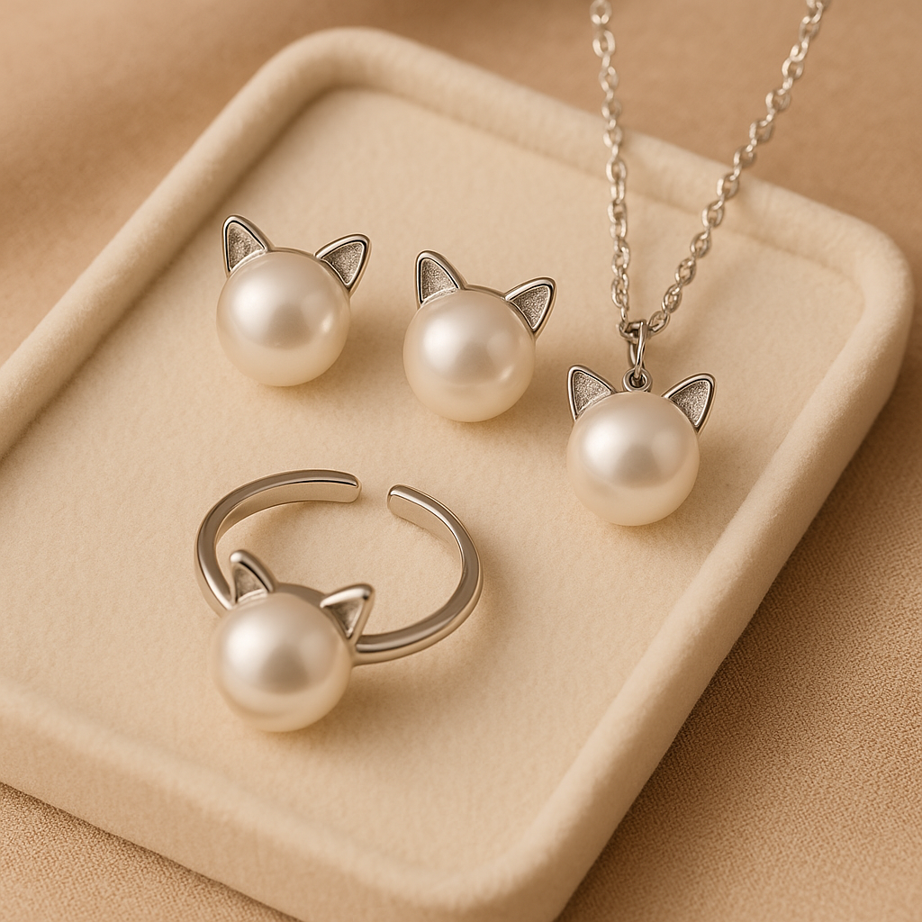 Cat Collar with Pearl, Earrings, and Bonus Gift Ring