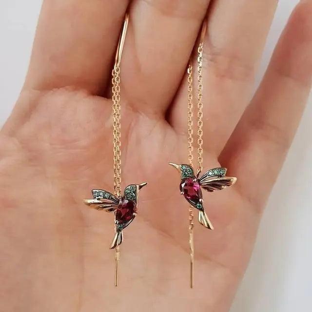Zirconia-Studded Enameled Hummingbird Earrings