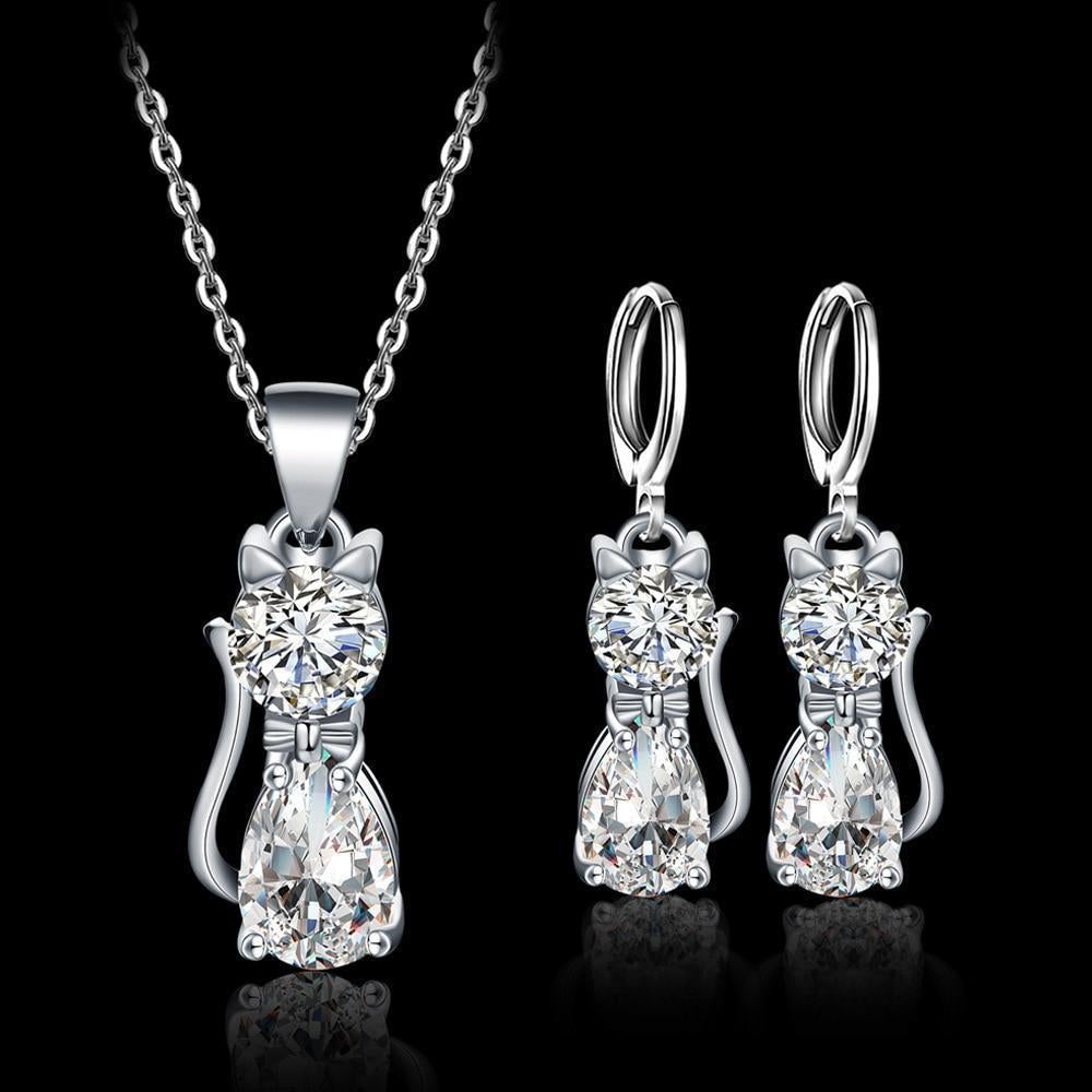 Happy Cats Silver Necklace & Earrings Set with Polished White Zirconia