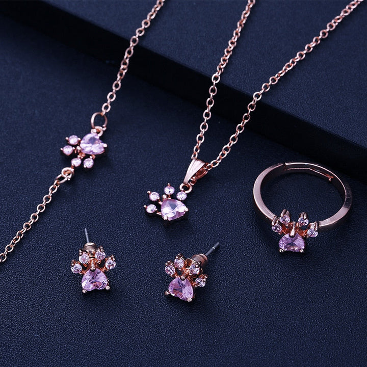 4-Piece Rose Gold Paw Jewelry Set with Zircon Heart for Women