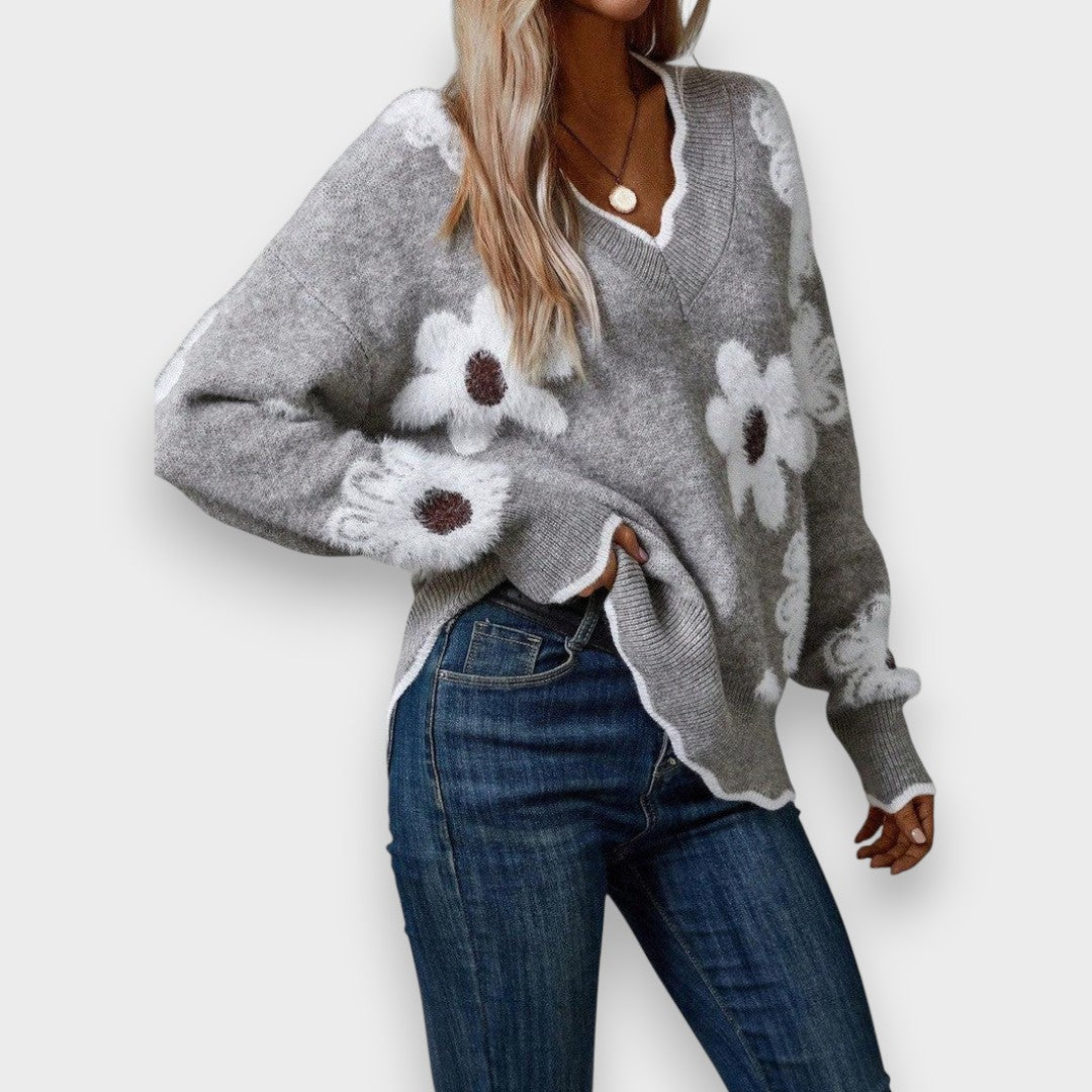 Aline | Elegant Jumper with V-Neck and Floral Pattern