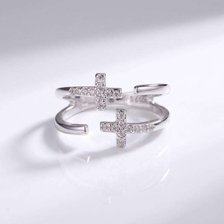 Adjustable Silver and Diamond Double Cross Ring