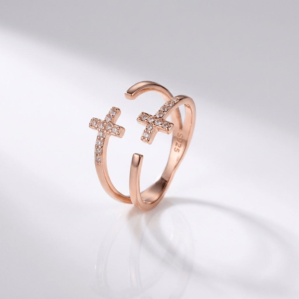 Adjustable Silver and Diamond Double Cross Ring